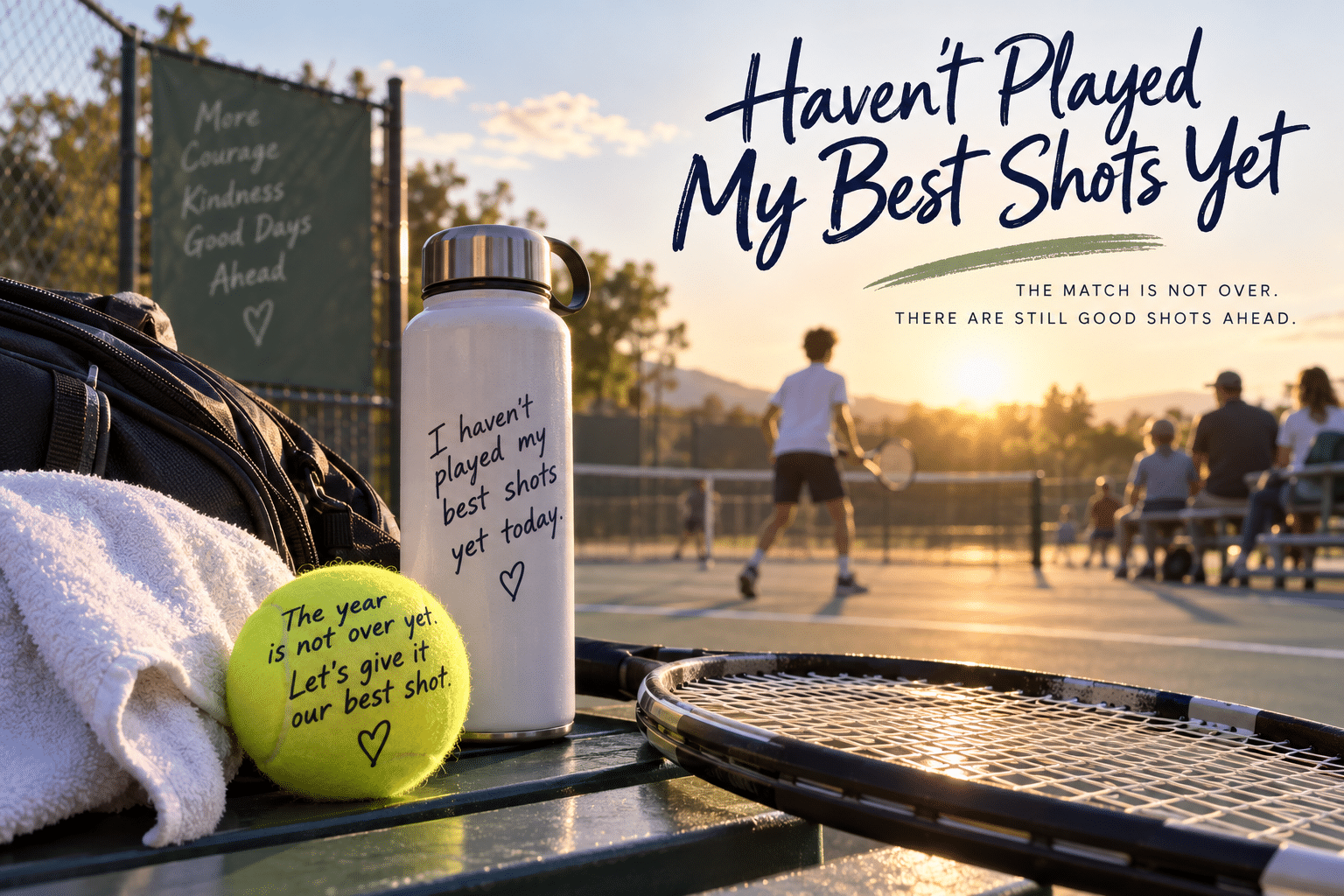 Tennis court at sunset representing hope, resilience and the message “I haven’t played my best shots yet.