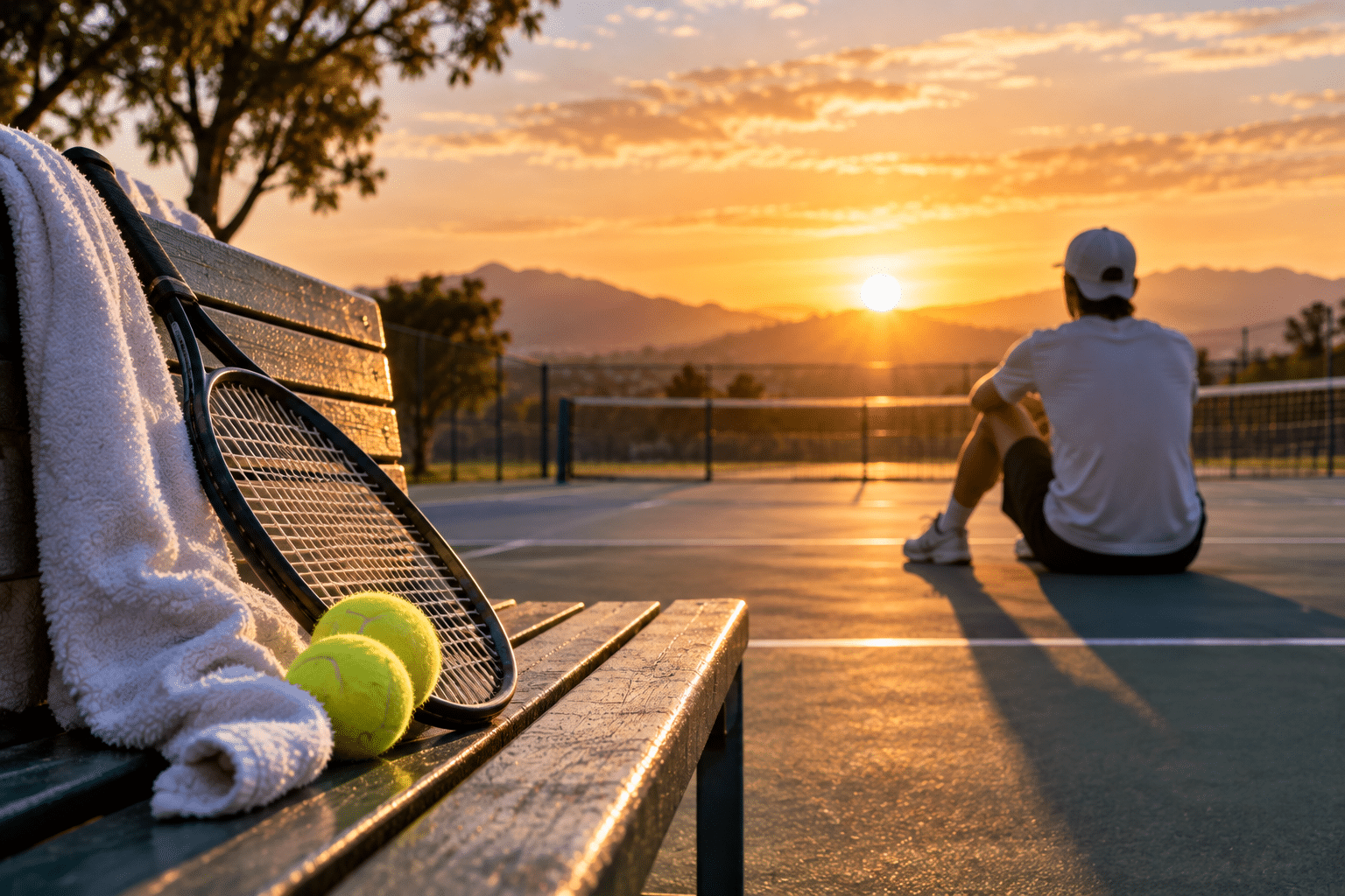 Tennis player beside a court at sunset, reflecting on resilience, hope and the belief that the best shots may still be ahead.